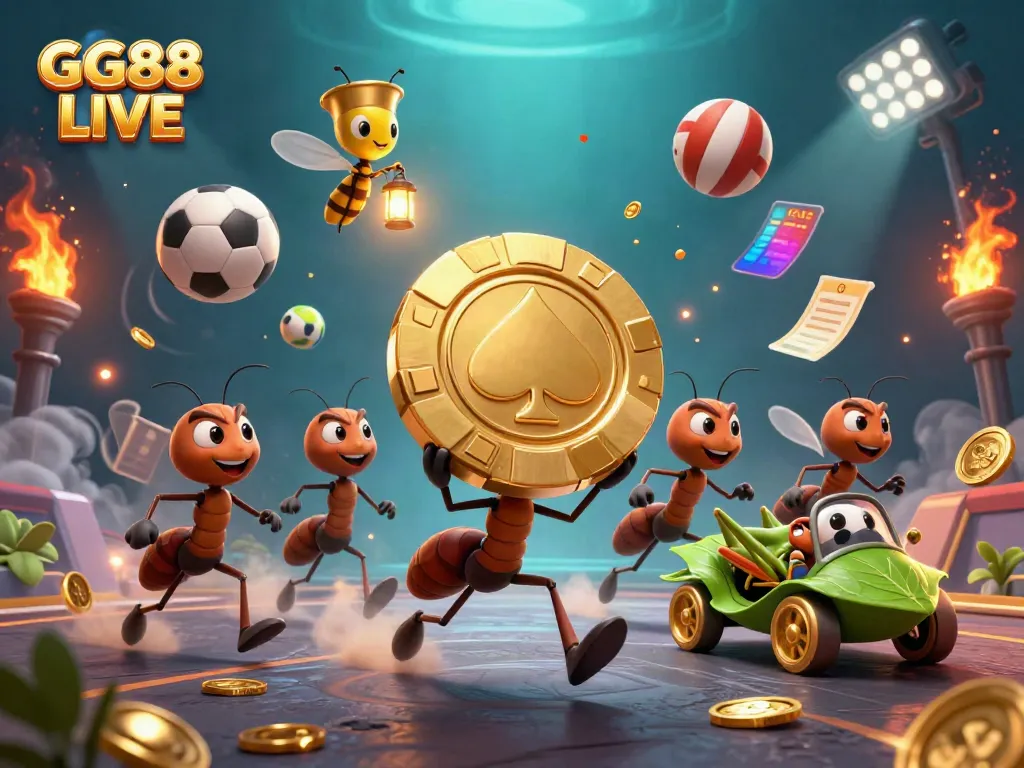 Experience the thrill of GG88 LIVE with a daring heist theme featuring ants and gaming elements.