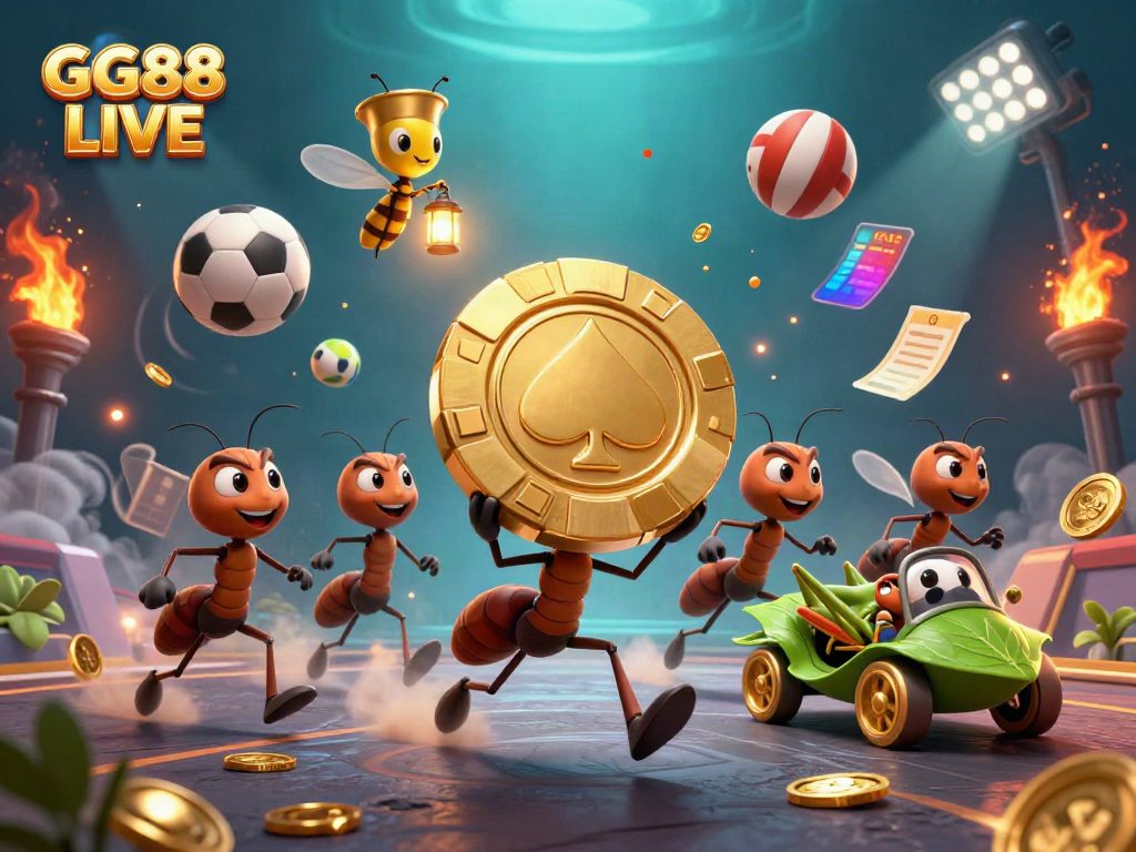 Experience the thrill of GG88 LIVE with a daring heist theme featuring ants and gaming elements.