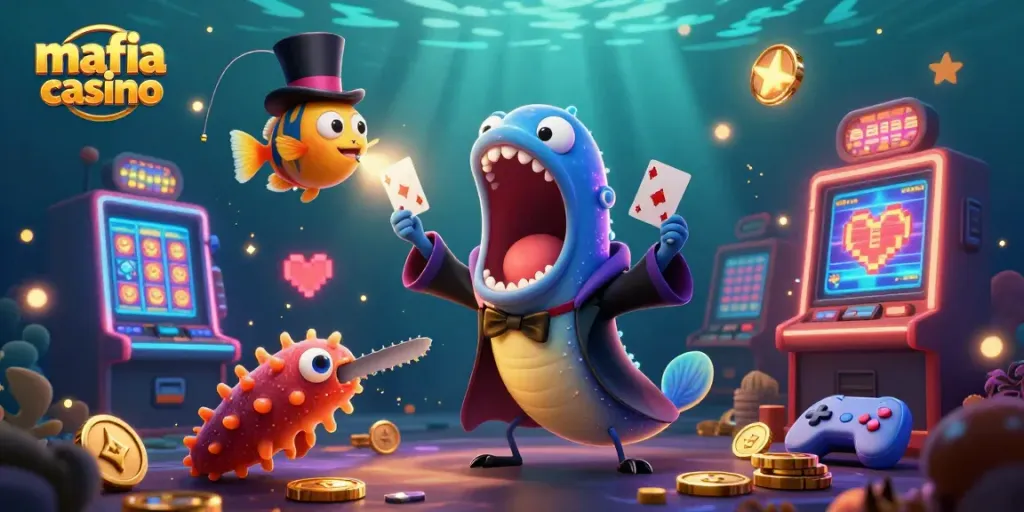 Mafia casino thrills come alive in a vibrant underwater scene filled with card tricks and casino excitement.