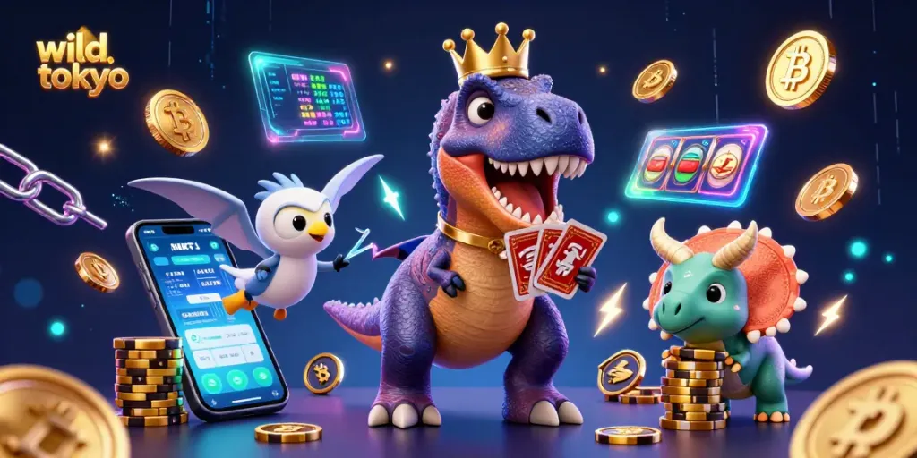 Play exciting games at wild tokyo with a vibrant scene featuring a T-Rex and friends engaging in gambling fun.