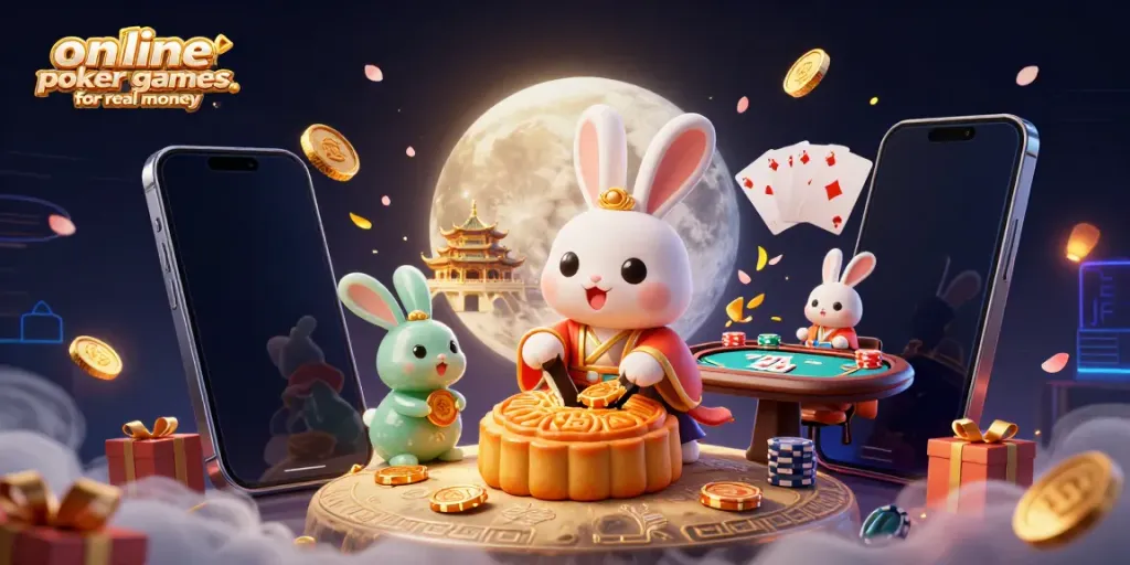 Engage in online poker games for real money while enjoying a vibrant lunar-inspired scene with poker elements.