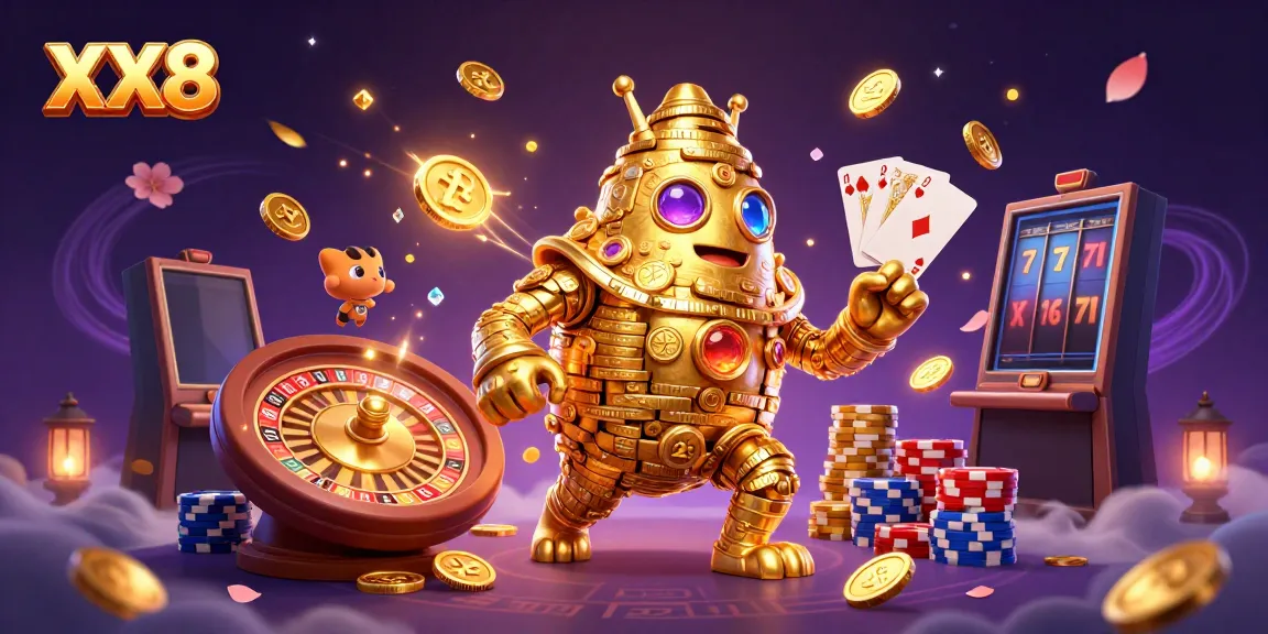 Engage with the exciting world of XX8 casino, featuring animated golden golem and tumbling coins.