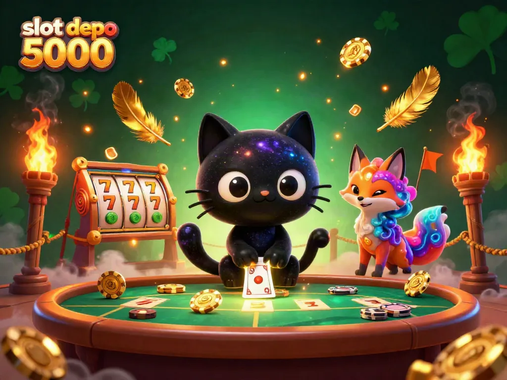 Engage with the thrilling slot depo 5000 at a cosmic casino, featuring a playful black hole cat and colorful nebula fox.