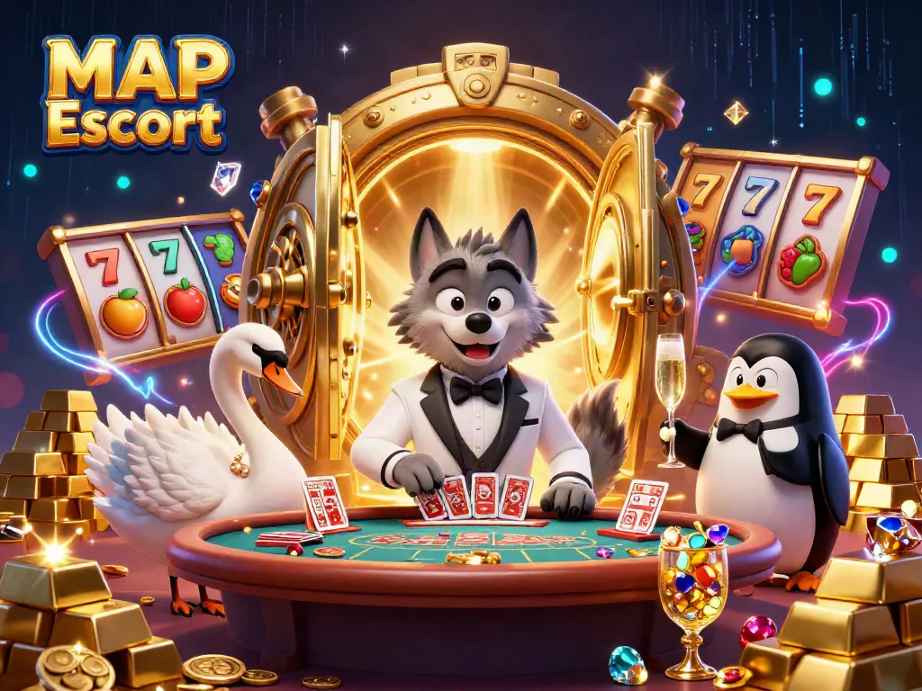 Experience the thrill of MAP Escort in this vibrant 3D scene featuring a debonair wolf at a baccarat table amidst gold treasures.