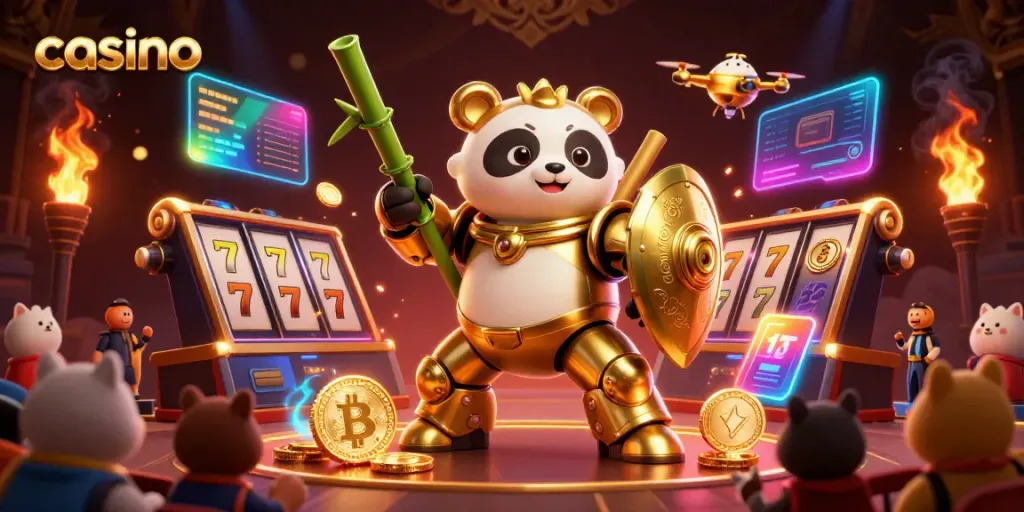 Experience thrilling casino action with a mech-suit golden panda in a vibrant, dynamic scene.