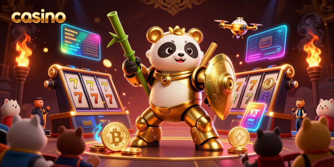 Experience thrilling casino action with a mech-suit golden panda in a vibrant, dynamic scene.