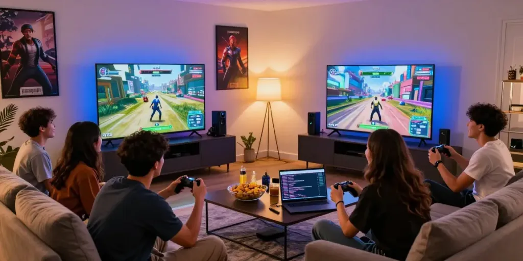 Friends enjoying rokok88 gaming session with snacks and vibrant lighting in a cozy living room