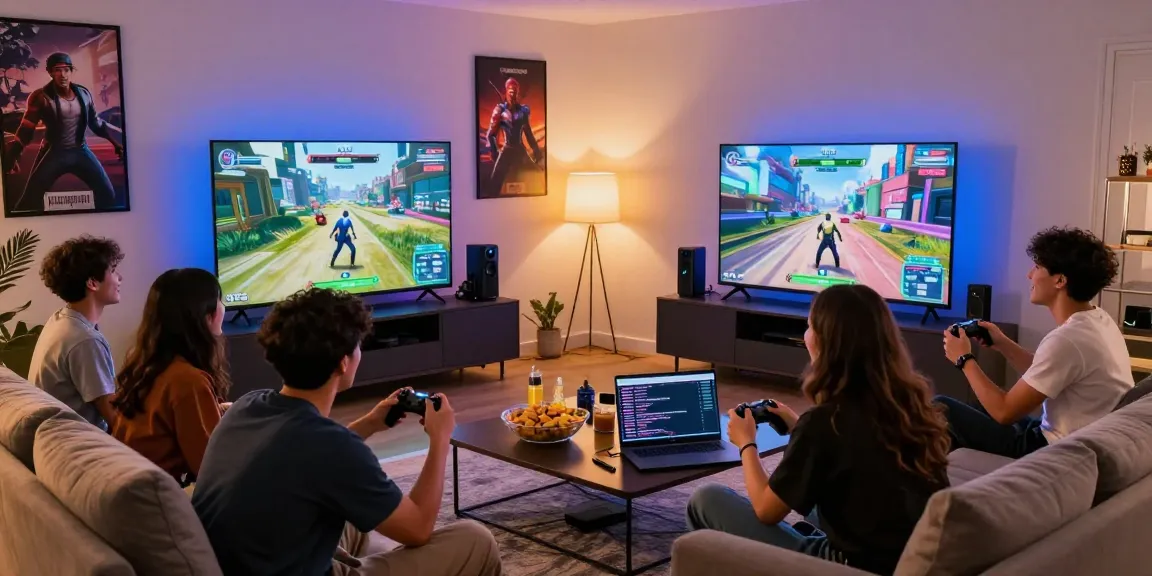 Friends enjoying rokok88 gaming session with snacks and vibrant lighting in a cozy living room
