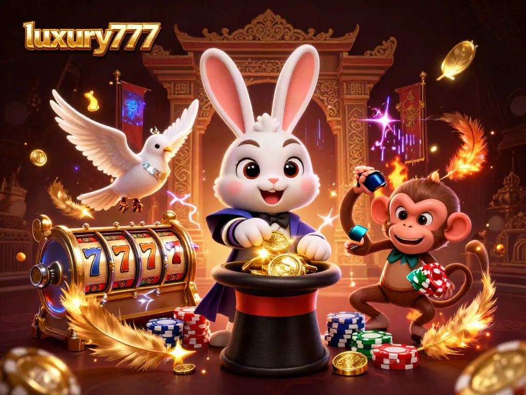 Experience luxury777 slots with a magician pulling in golden coins amidst vibrant casino elements.