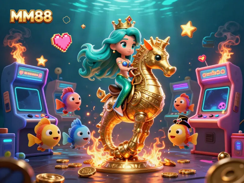 Experience thrilling gameplay at MM88 with a vibrant underwater casino scene featuring a mermaid, seahorse, and arcade games.