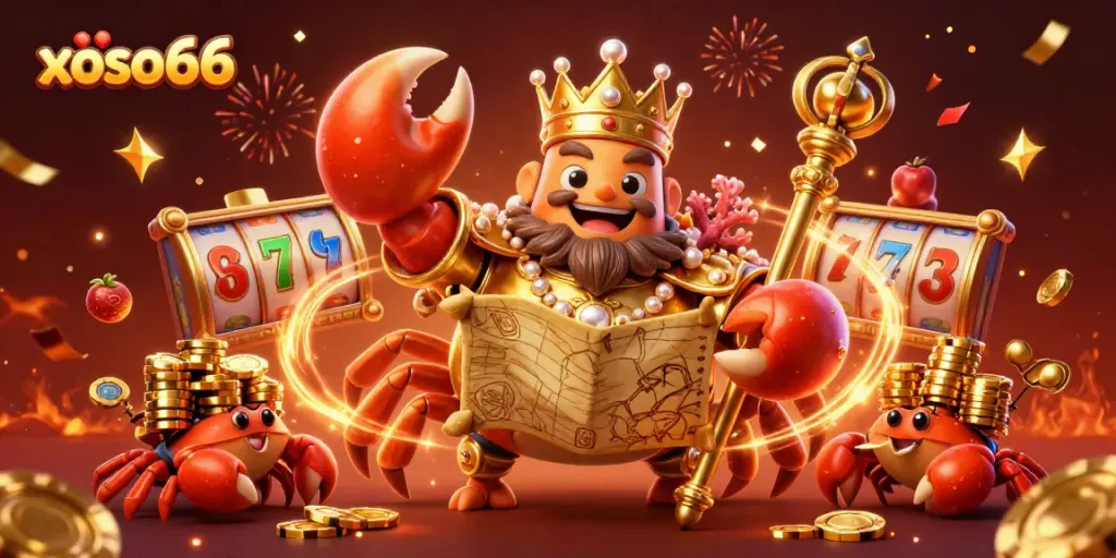 Experience the thrill of xoso66 with a golden crab emperor at a lively gaming scene filled with slot reels and treasures.