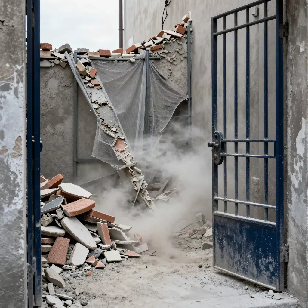 Cortile stretto con muro di tufo puntellato e nube di polvere da demolizione