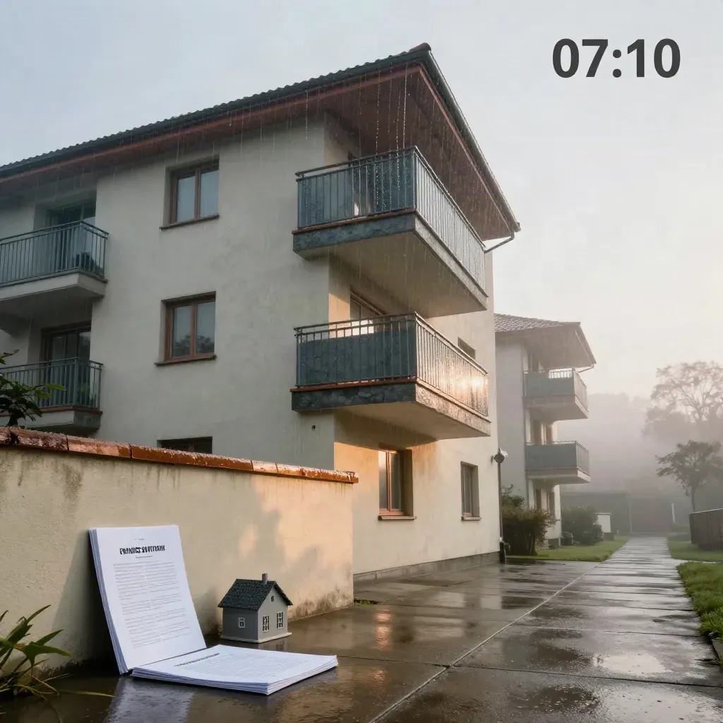 Facciata condominiale bagnata all’alba con balcone irregolare, fascicoli tecnici e modellino di casa.