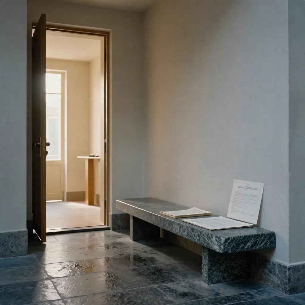 Androne elegante con porta socchiusa, panca in pietra e dossier chiuso, luce serale radente.