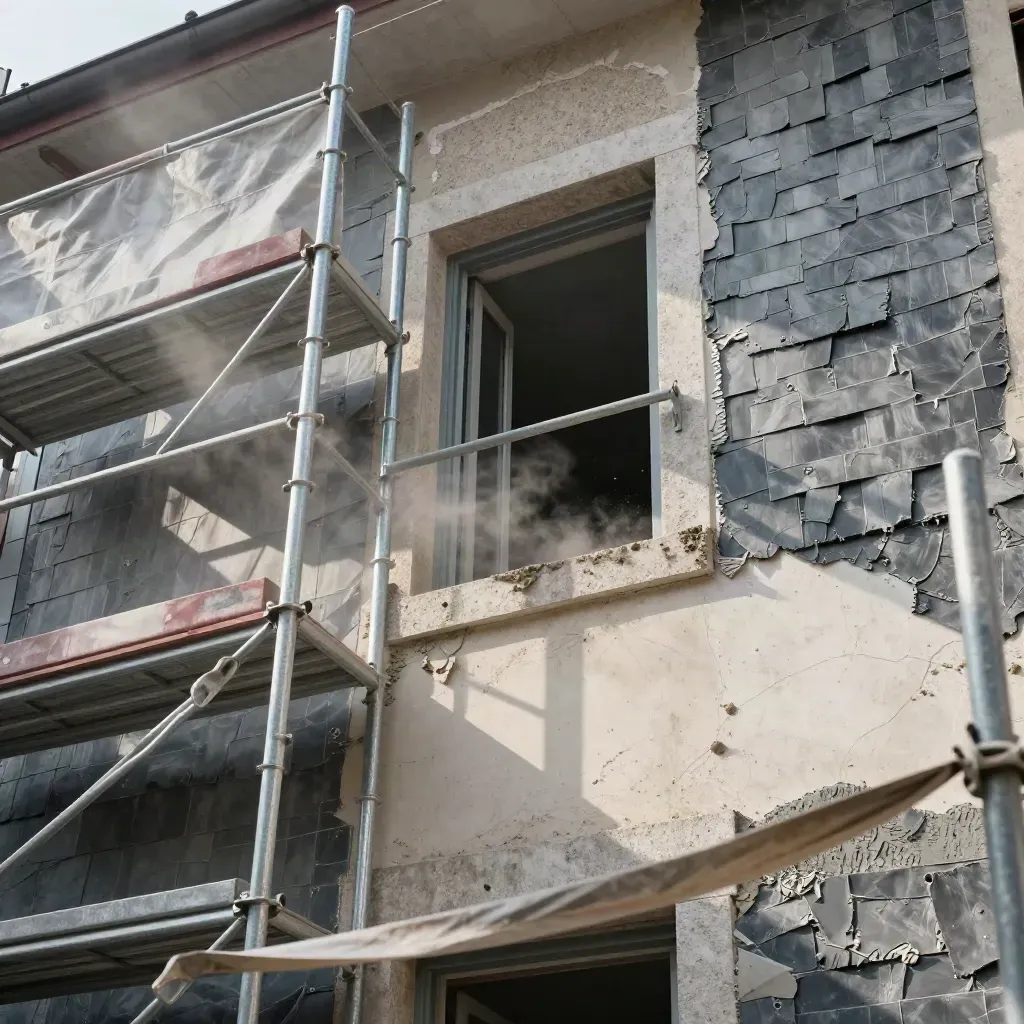 Facciata in cortile con ponteggio, finestra aperta e teli mossi dal vento mattutino.