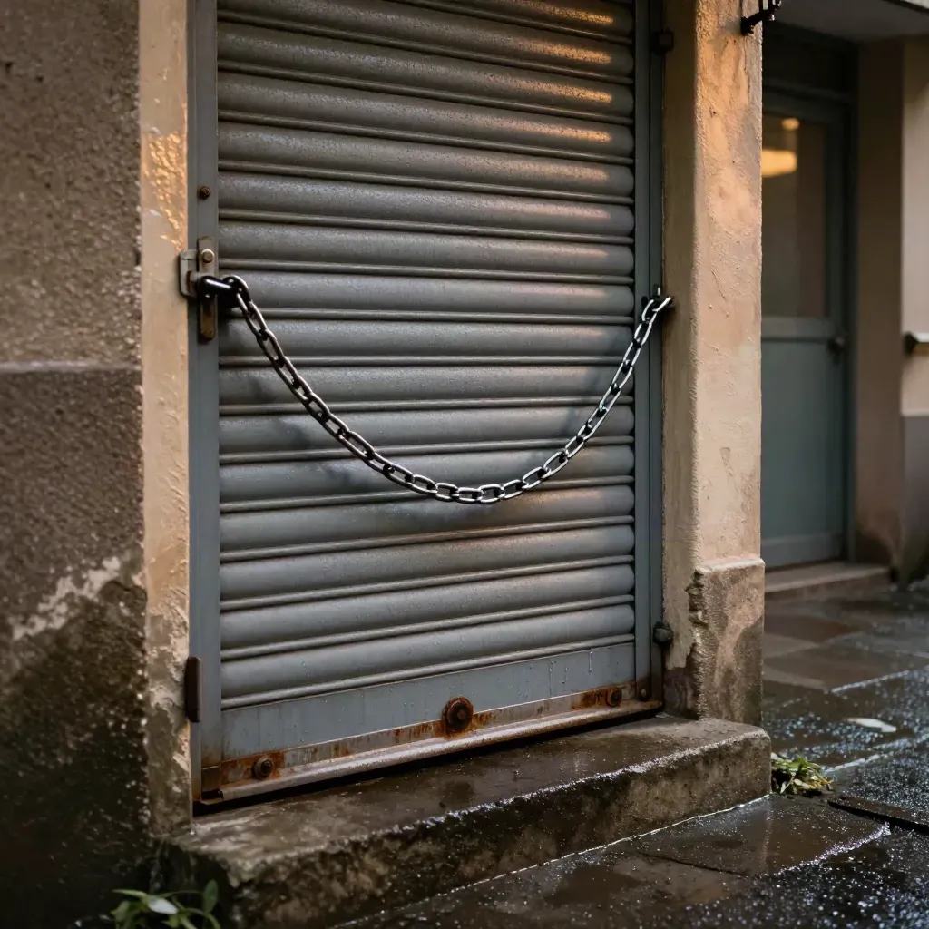 Ingresso sigillato con serranda abbassata, catena metallica e soglia bagnata sotto la pioggia