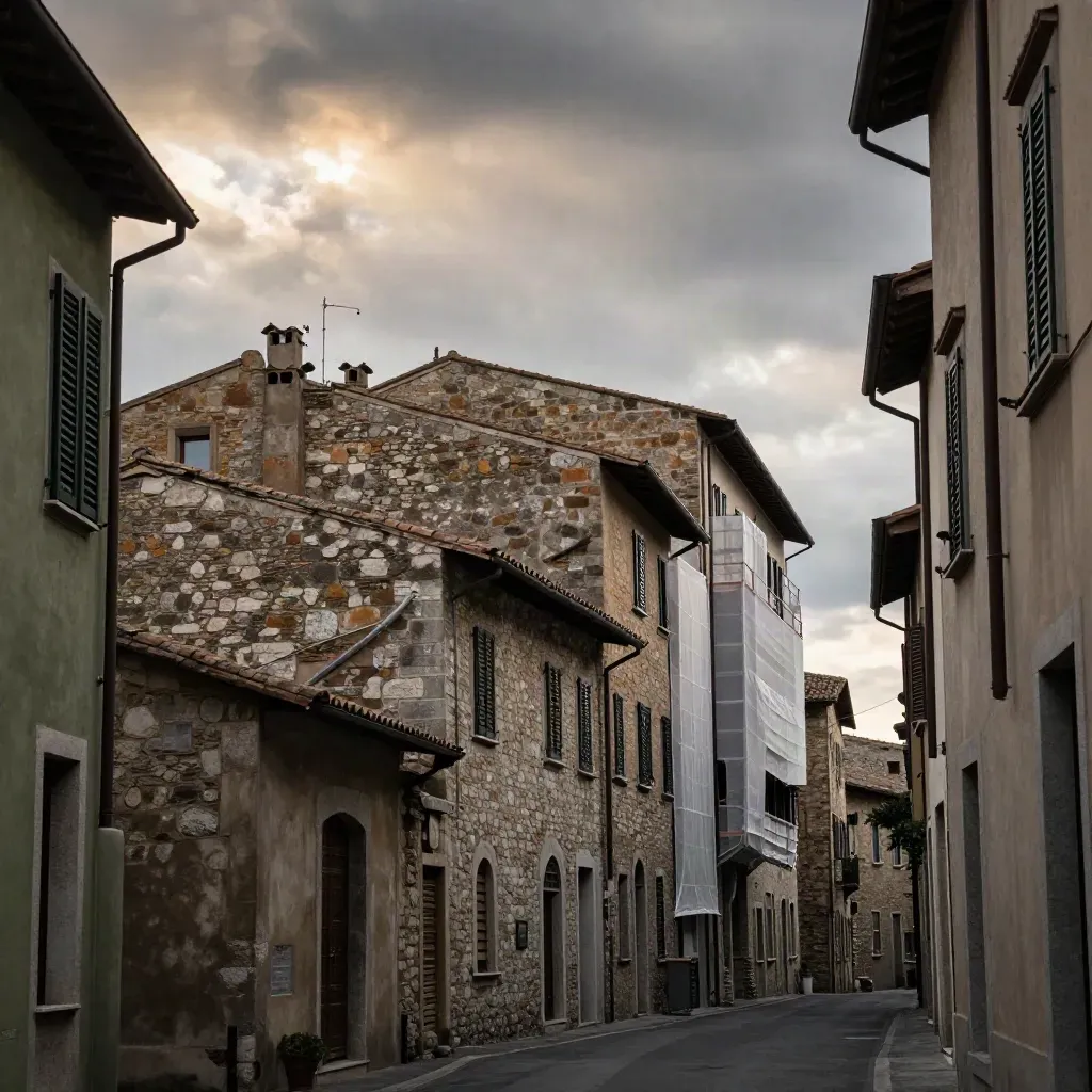 Vicolo storico stretto con facciate sovrapposte, ponteggio parziale e nuvole veloci sopra i tetti.
