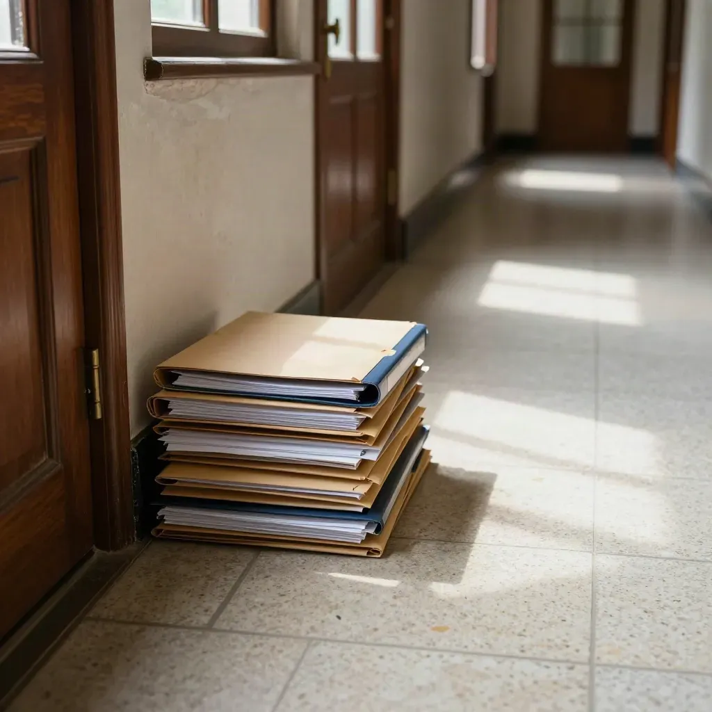Corridorio d’epoca con cartelline chiuse a terra e luce del mattino