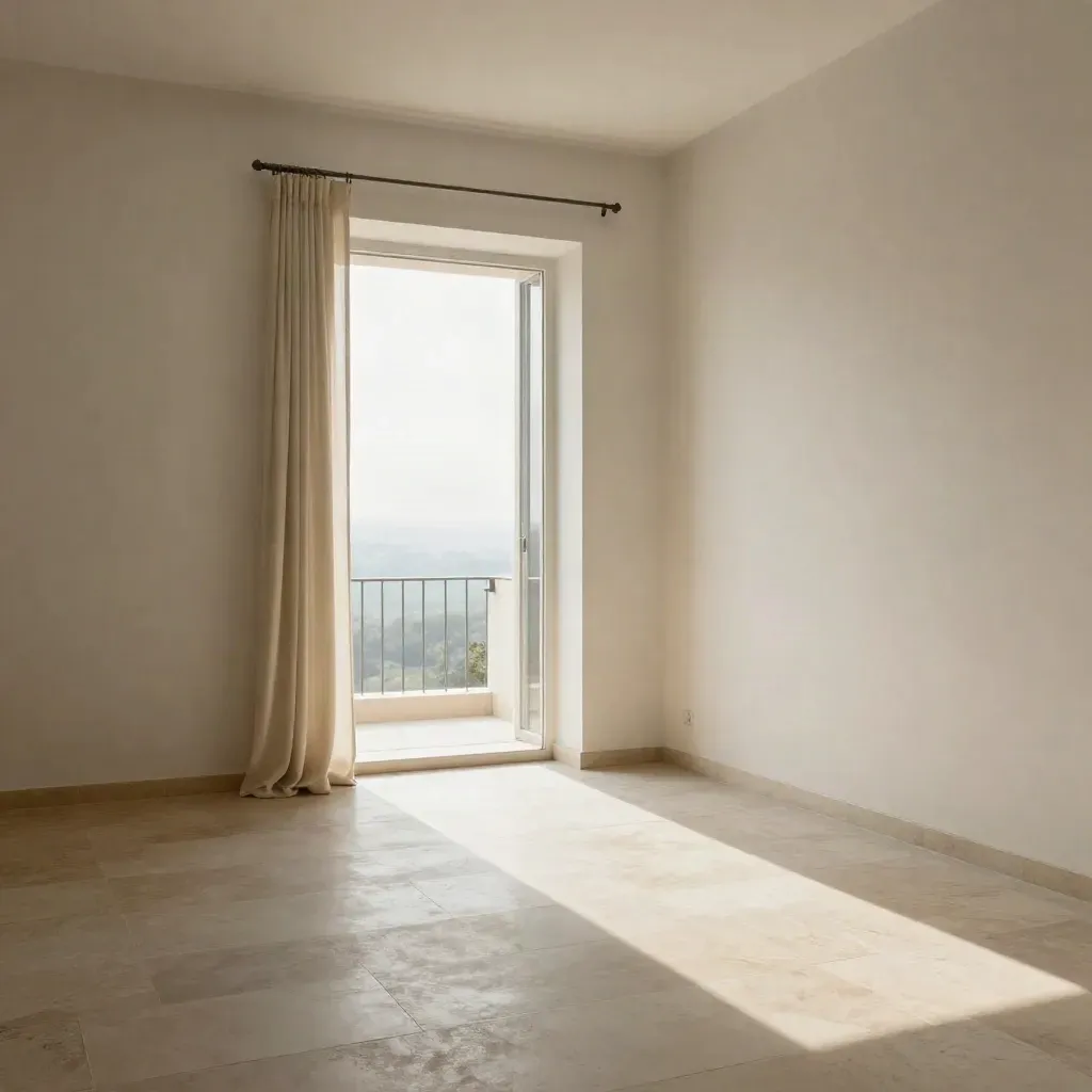 Salotto luminoso con soglia sul balcone, pavimento continuo e vecchia apertura muraria.