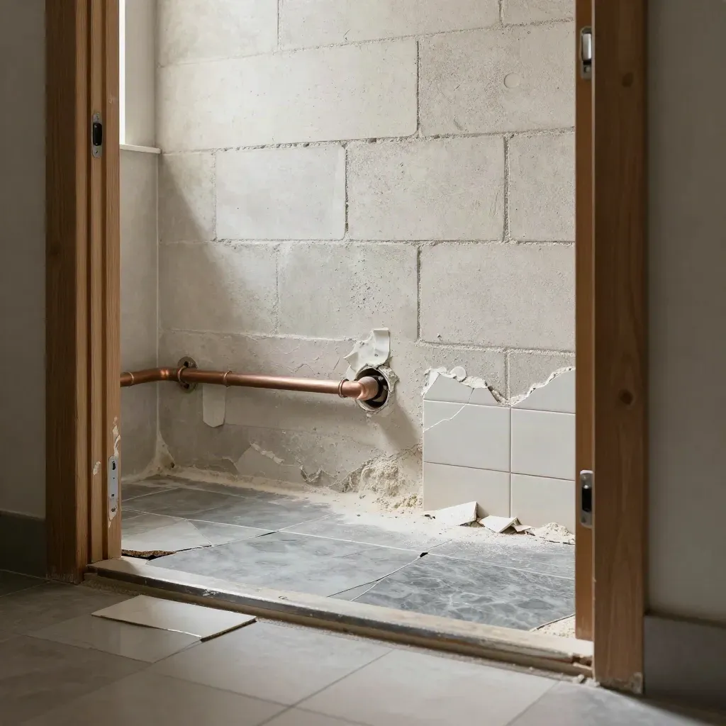 Bagno demolito a metà con tubi a vista e parete ripristinata, luce obliqua e polvere di gesso.