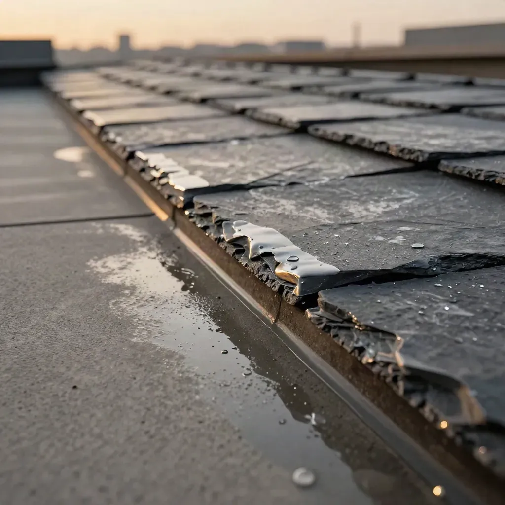 Terrazza di copertura bagnata con parapetto riparato e pozzanghere sottili