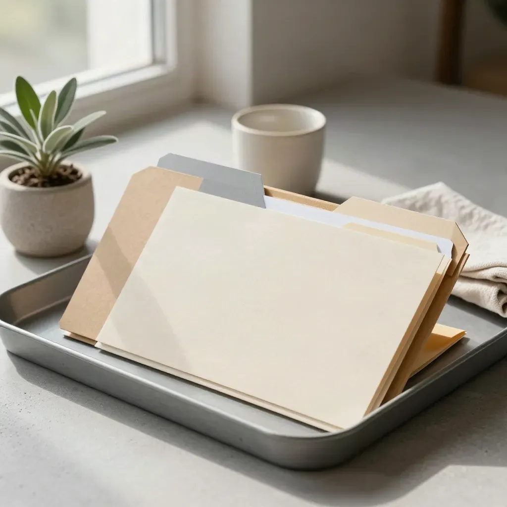 Cartelline neutre su vassoio metallico con piantina, tazza in ceramica e luce morbida.