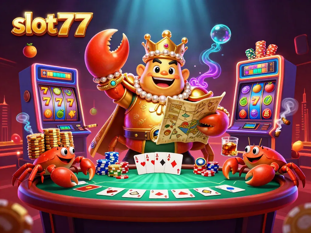 Spin the reels at slot777 with a golden crab emperor, vibrant slot machines, and poker elements.