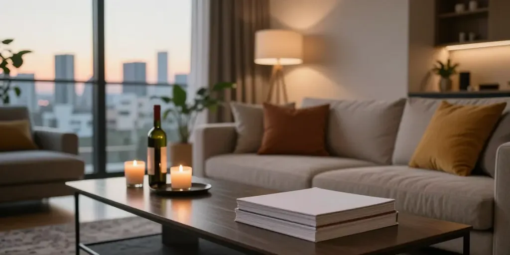 Stylish and cozy discreet apartment interior in Tel Aviv, showcasing דירות דיסקרטיות במרכז ambiance with modern furnishings.