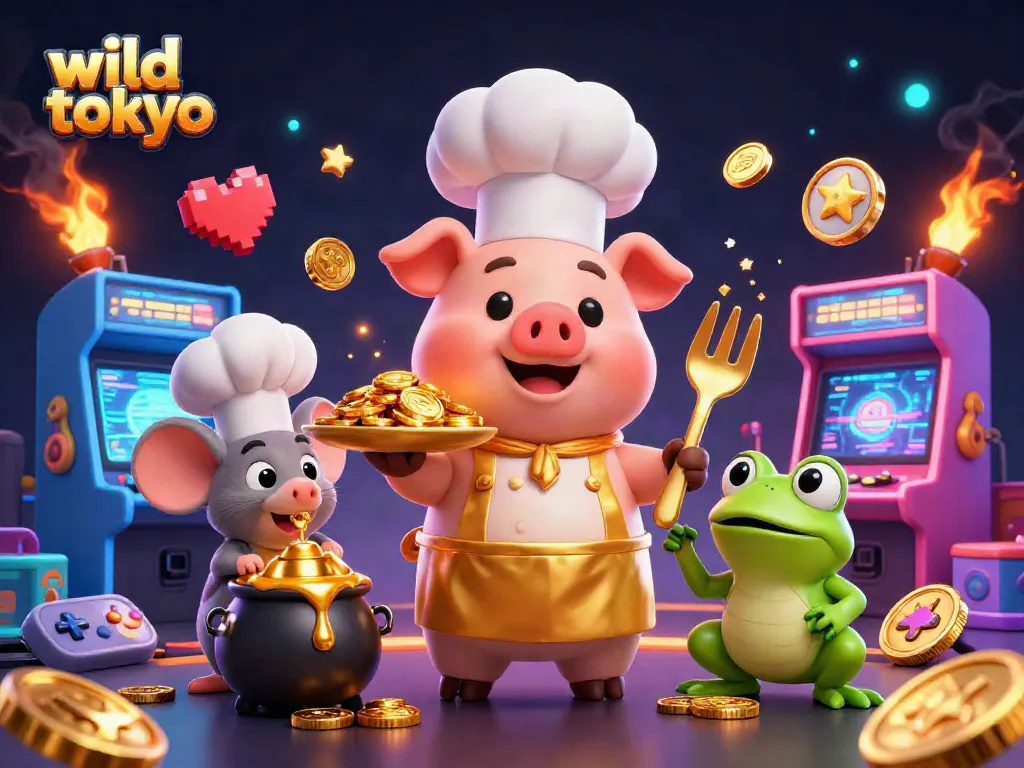 Experience the thrill at Wild Tokyo casino with vibrant characters serving gold coins and neon game elements.