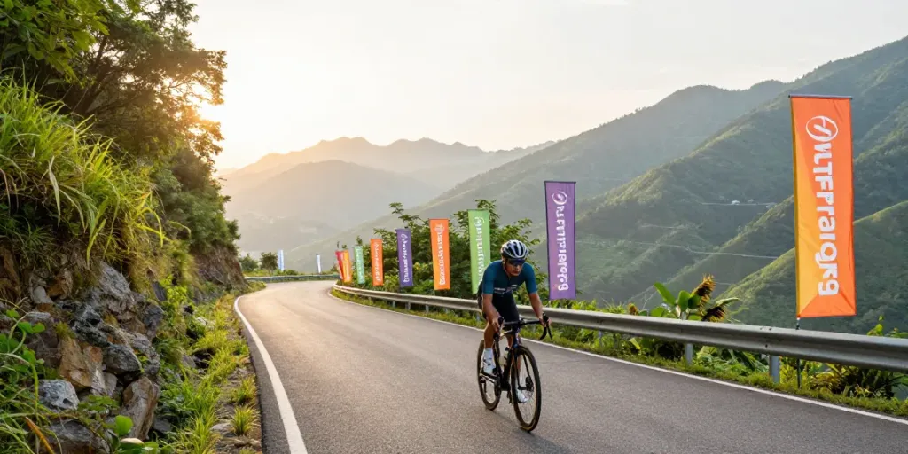 Scene di ciclismo su strada con ciclista che pedala in montagna durante l'alba.