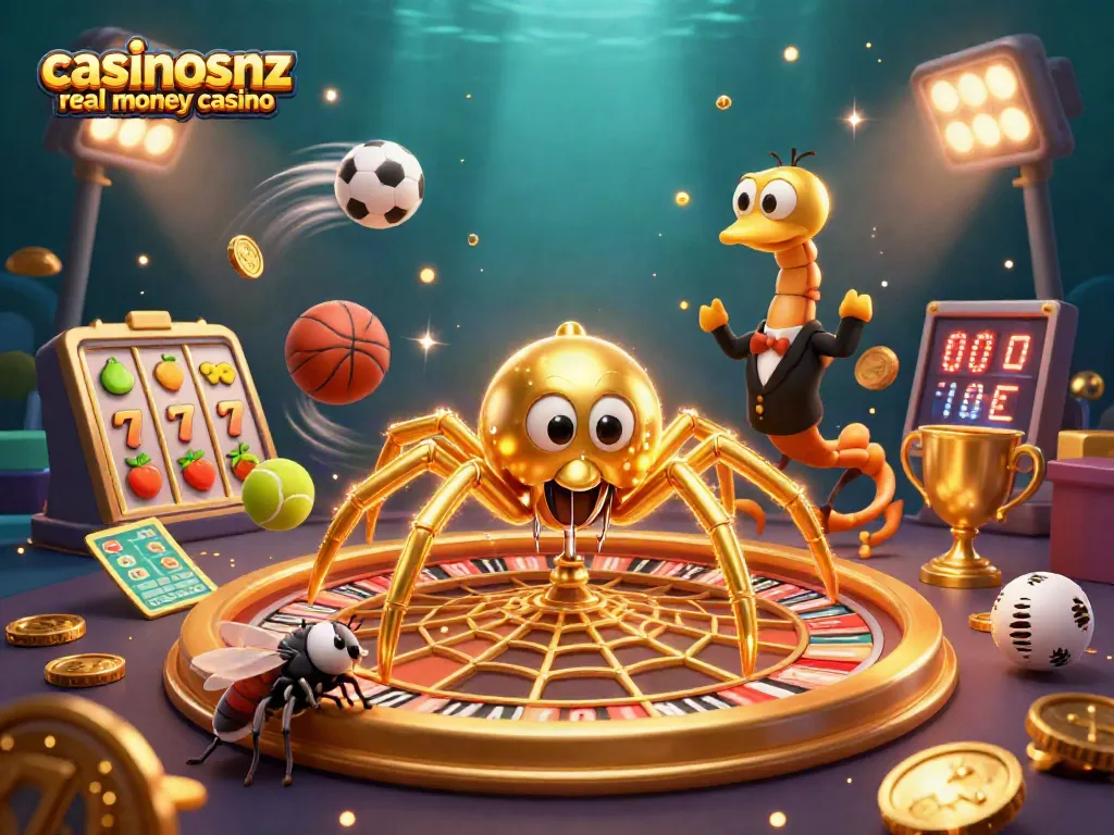 Engaging scene of casinosnz real money casino with a spider and croupier spinning a roulette web surrounded by dynamic sports elements.