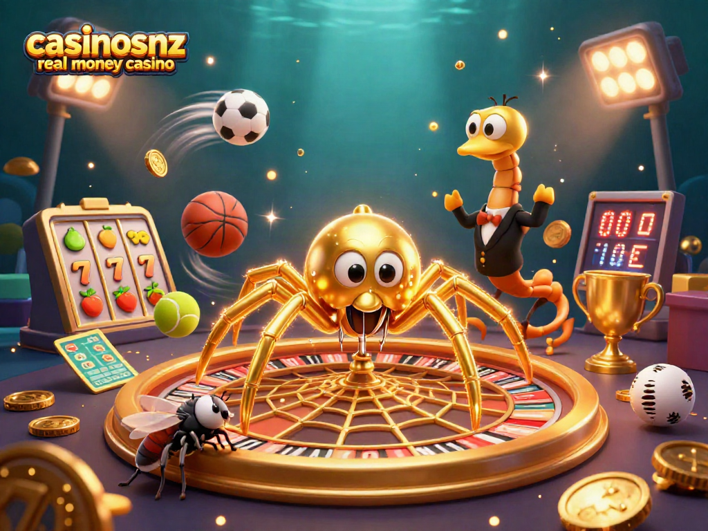 Engaging scene of casinosnz real money casino with a spider and croupier spinning a roulette web surrounded by dynamic sports elements.