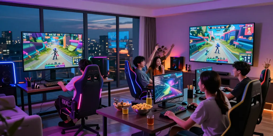 Excited friends playing rokok88 multiplayer game in vibrant living room.