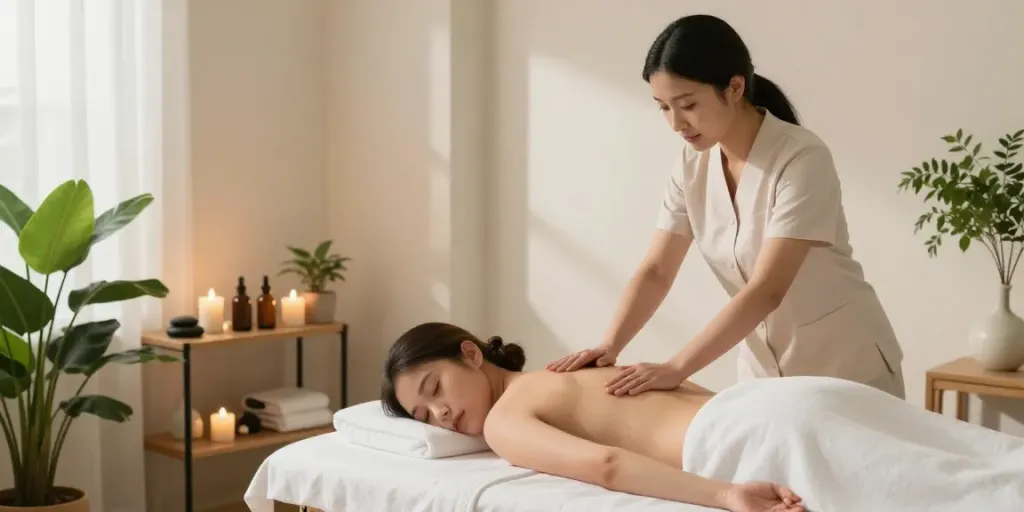 Experience soothing 구로출장안마 services in a serene home spa setting with a therapist and calming decor.