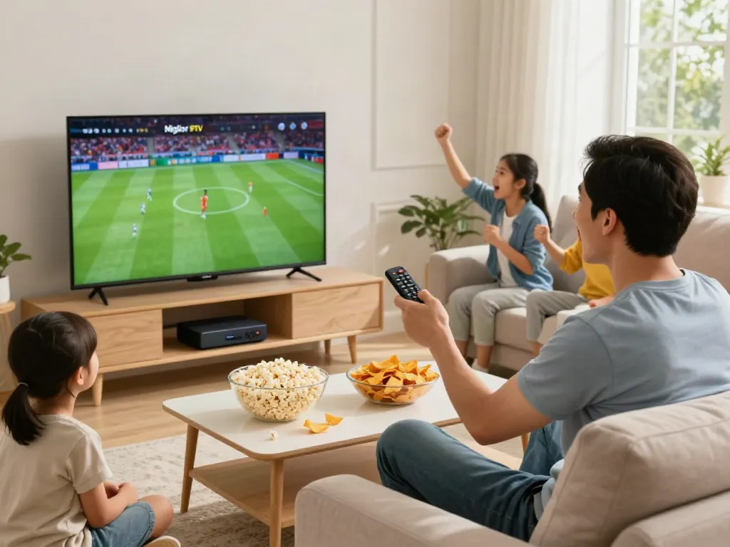 Miglior IPTV scene showing a family enjoying live sports in a cozy living room with snacks and excitement.