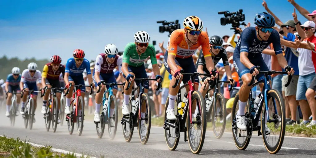 Cyclists in competitive road cycling race, showcasing passion and intensity in ciclismo su strada.