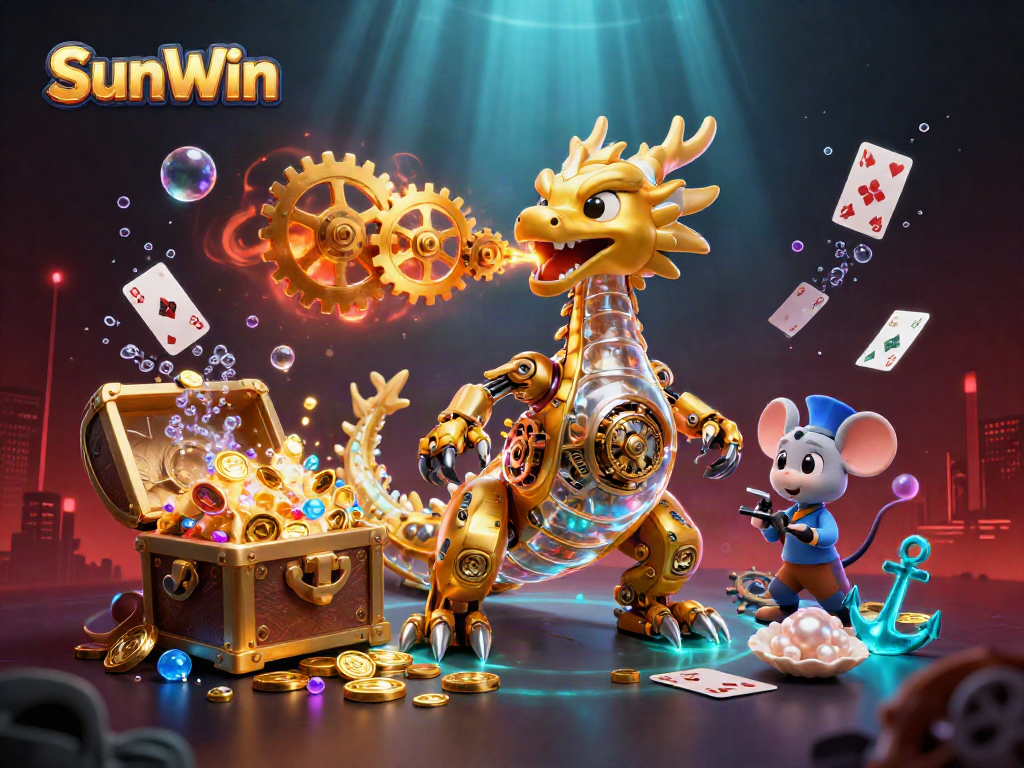Engage with SunWin's thrilling action in a vibrant underwater casino scene featuring treasure and games.