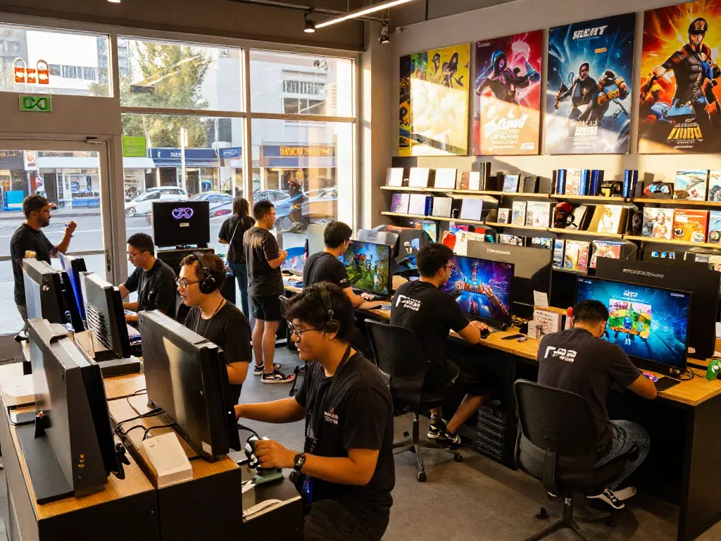 Customers exploring rokok88 gaming store with lively atmosphere and game consoles.