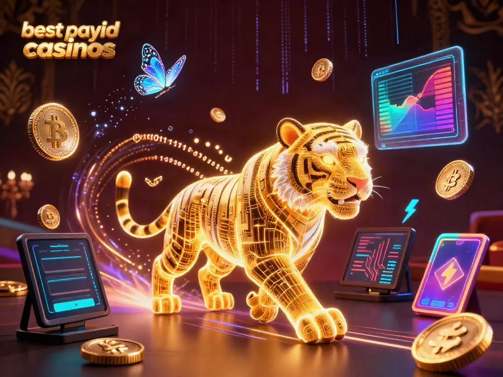 Experience the thrill of the best payid casinos with a vibrant 3D casino scene featuring a glowing golden tiger and digital elements.