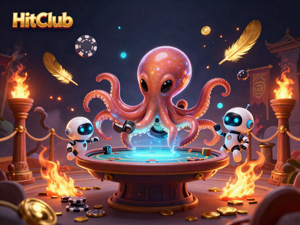 Join HitClub's thrilling poker scene as an alien octopus deals exciting hands.