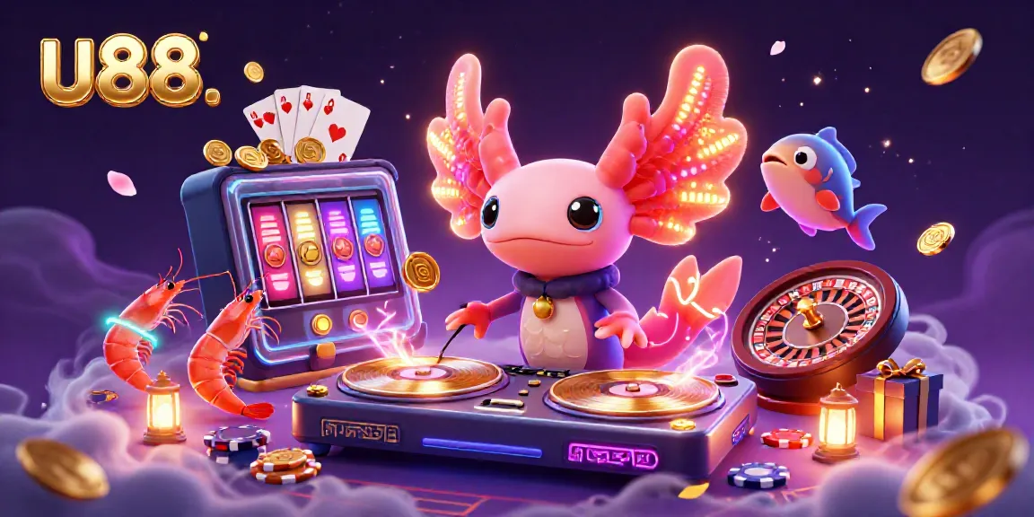 Engaging u88 casino scene with a neon axolotl DJ, dancing shrimp, and vibrant gaming elements.