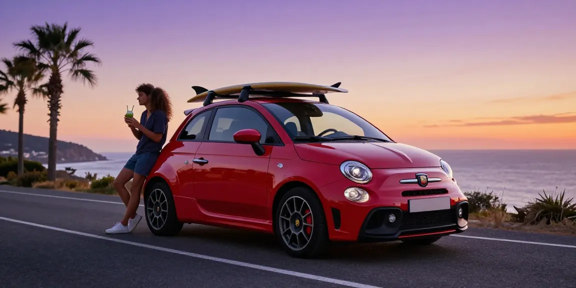 Un'Abarth 595 in noleggio lungo termine con coppia felice sulla strada costiera durante il tramonto, simbolo di avventure su quattro ruote.